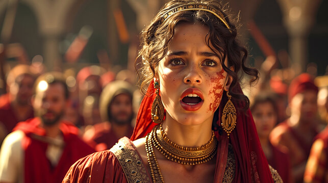 A woman in a red dress with blood on her face in front of a crowd