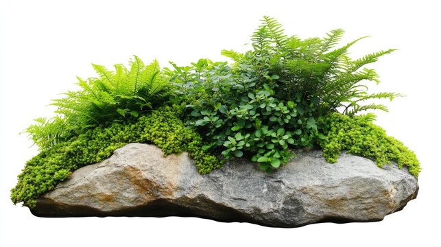 A large rock covered in lush green ferns and plants, isolated on a white background.