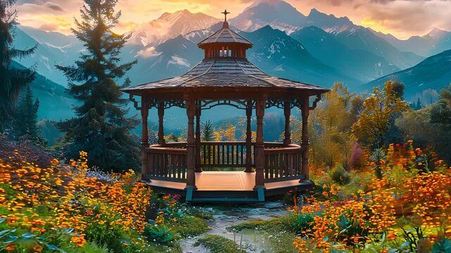 Charming wooden gazebo in colorful mountain garden, vibrant flowers, peaceful nature, and scenic sunset landscape