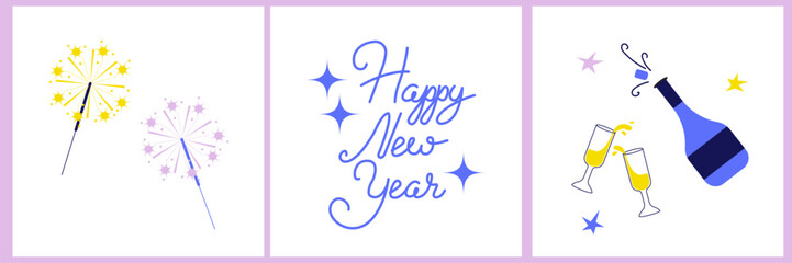 Happy new year cards set in flat style. Champagne, lettering and sparklers. Flat vector illustrations.