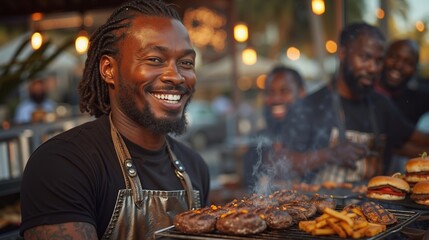 A man grilling hamburgers and fries on a grill at a restaurant