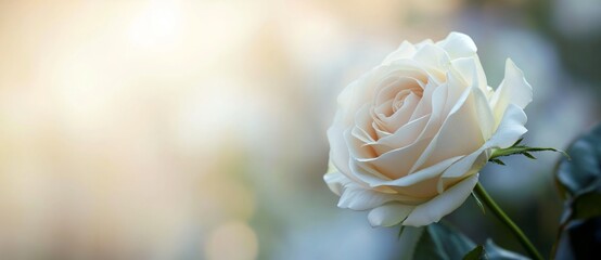 Beautiful white rose with smooth petals and bokeh lights behind.