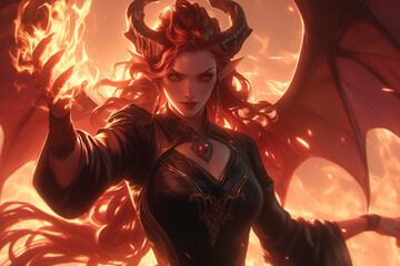 Fototapeta premium tiefling female summons fiery magic in front of a dramatic fiery background