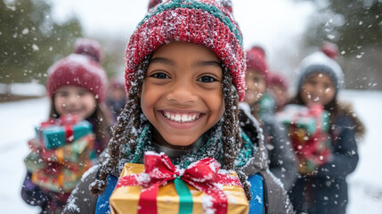 A group of happy children, bundled in winter clothing, happily holds colorful gifts as snowflakes fall around them in a park setting