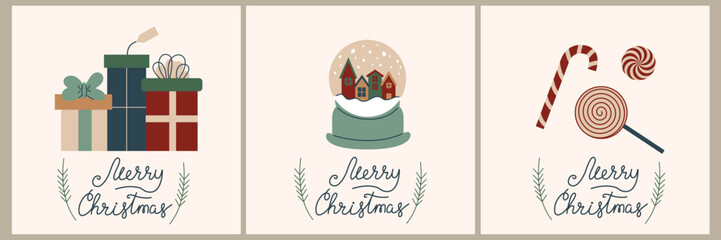 Christmas card set - hand drawn cute flyers. Postcards with lettering and Christmas elements. Presents, snow globe, candys. Flat vector illustrations