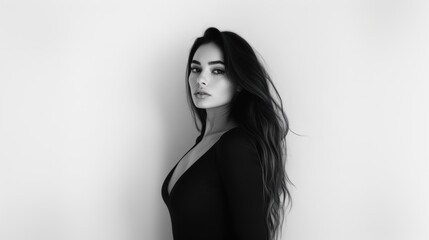 Naklejka premium Beautiful woman in a black outfit posing against a neutral background
