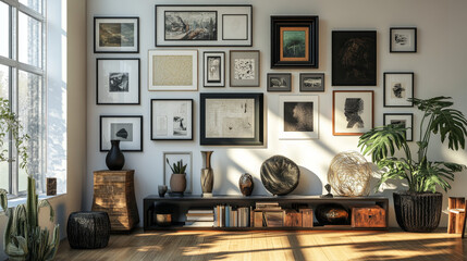 Illustrate a gallery wall filled with framed art pieces or photography. Include sculpture or pottery on display shelves, emphasizing how art can be used to elevate interior decor.