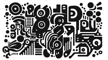 Abstract black and white geometric pattern with circles, lines, and shapes.