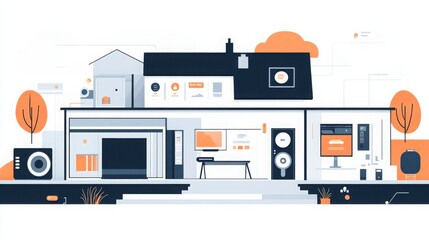 Smart home concept showing a user controlling security cameras and electrical appliances via a mobile app, connected through the Internet of Things. 