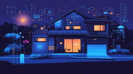 Fototapeta premium Smart home concept showing a user controlling security cameras and electrical appliances via a mobile app, connected through the Internet of Things. 