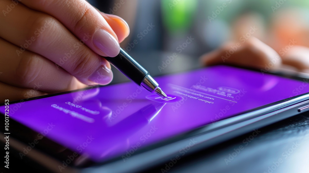 Poster a person uses a stylus to navigate a mobile app on a tablet while seated at a cafe, enjoying a quiet