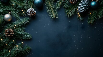 Beautiful Christmas decorations with pine branches, ornaments, and lights on a dark background