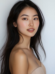 Fototapeta premium A photograph of an attractive Asian woman with long hair, wearing a strapless top and posing for the camera in a frontal view.