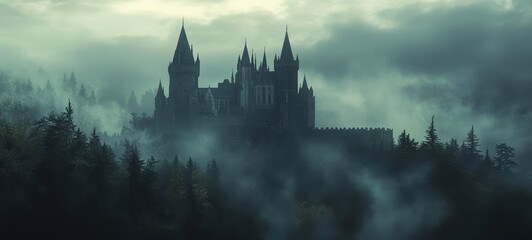 An ancient Gothic castle, with towering turrets, battlements, and a dark, foreboding moat