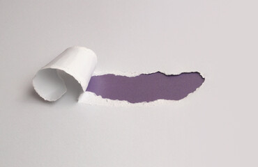Torn, ripped paper pieces hole frame. White gray, violet copy space texture background