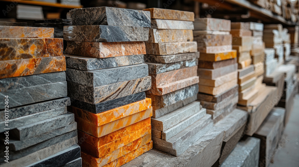 Poster a collection of stone samples arranged neatly in a warehouse, highlighting diverse colors and patter