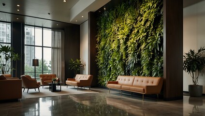 Modern lobby design featuring a large green wall.