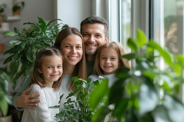 Happy family enjoying fresh air at home surrounded by plants after air recuperation system installation. Indoor air quality improvement concept. Design for banner, poster, and print.