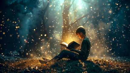 Fototapeta premium A boy sitting on the ground reading a book in the woods