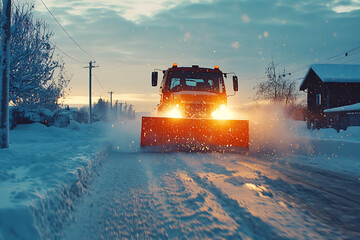 A snow plow clearing the streets, showcasing winter road maintenance and efficient snow removal.
