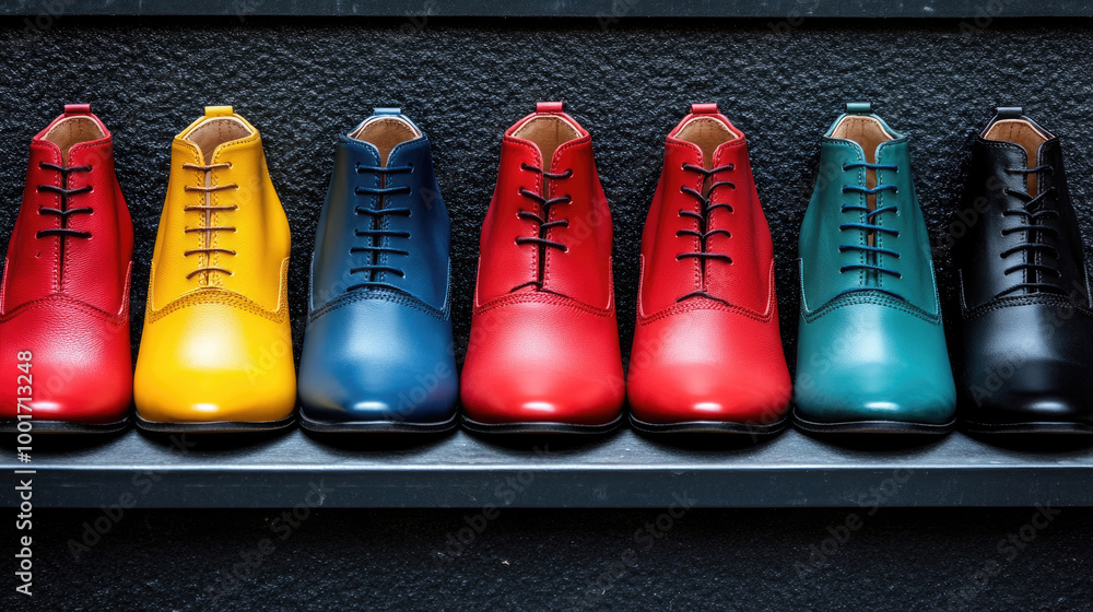 Aufkleber a vibrant array of lace-up shoes in various colors is neatly arranged on a shelf, showcasing a moder