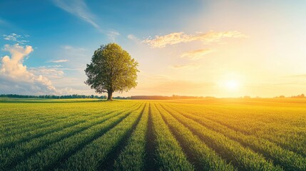Obraz premium A lone tree stands in a field of green crops as the sun sets on the horizon, casting a warm glow over the landscape.