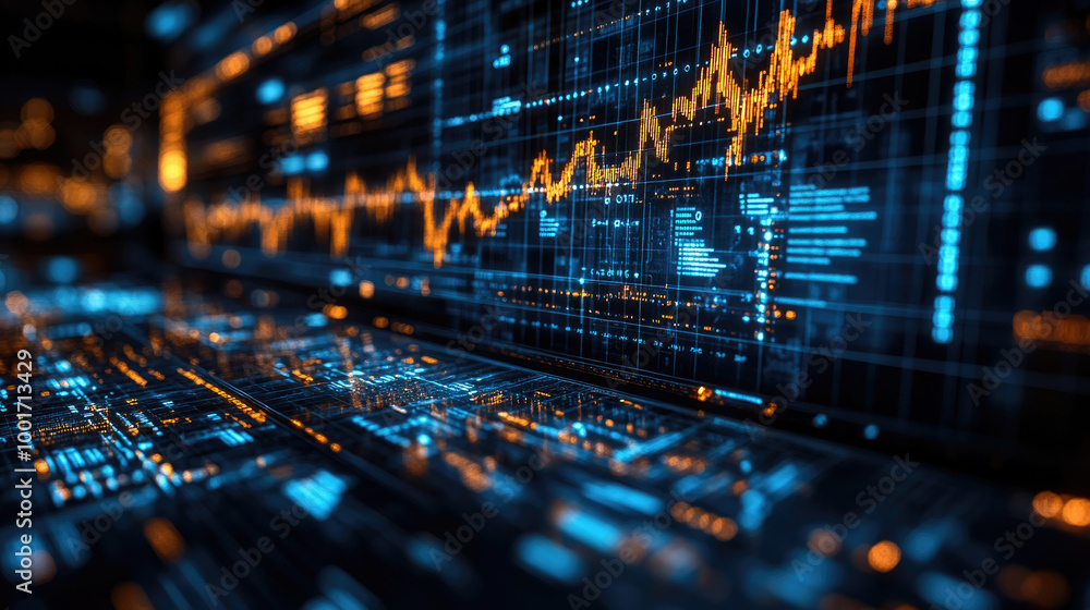 Poster the vibrant graphics showcase data analytics and stock market trends, highlighting fluctuating metri