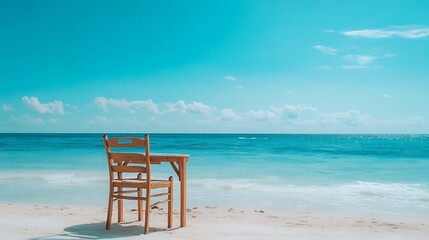 Stylish dining furniture arranged on the beach overlooking the sparkling ocean