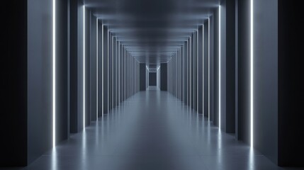 A long, narrow hallway with white glowing lines on the walls. The walls are grey and the floor is shiny.