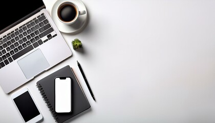 Flat lay of a workspace with a notebook, smartphone, and coffee cup, isolated on white background