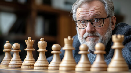 A senior man intently observes chess pieces on a chessboard, displaying concentration during a game at his residence