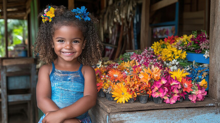 A cheerful young girl stands next to a variety of colorful flowers at a bustling market, showcasing her joy and the beauty of nature