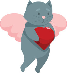 Cartoon grey cat with pink angel wings holding a red heart