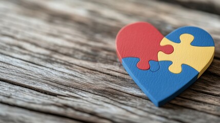 Colorful puzzle heart symbolizing love and connection on a rustic wooden surface