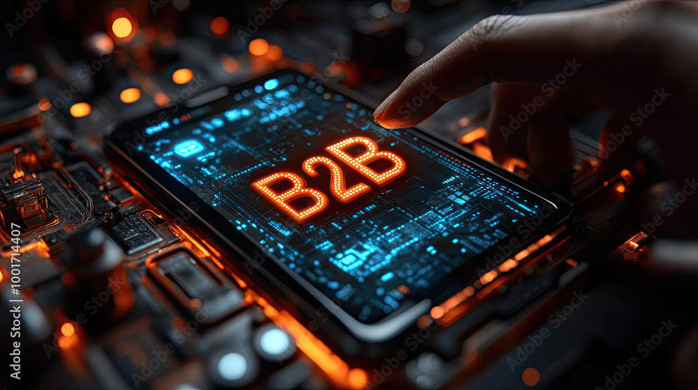 Poster a hand is poised above a smartphone showing vibrant b2b graphics against a backdrop of electronic ci