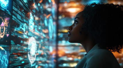  African American woman gazes at glowing holographic screens filled with digital content, her face illuminated by the futuristic display. The scene captures the essence of modern technology.