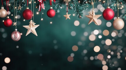 Festive holiday decorations with ornaments and lights hanging from a green pine garland