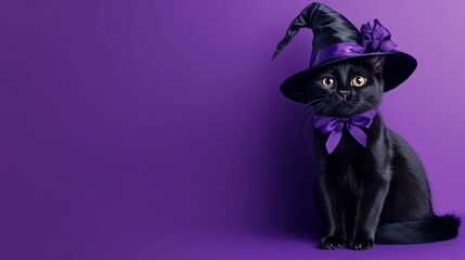 Black cat in a witch hat halloween on purple background with copy space