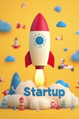 A colorful rocket representing a startup launch against a bright background with clouds and stars