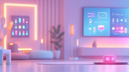 A futuristic living room with smart home technology and glowing lights.
