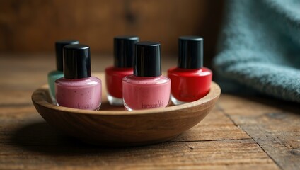 Nail Polish Set in Bowl on Wooden Table
