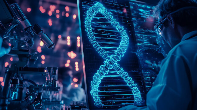 "Laboratory scene with researchers discovering the double helix DNA structure, featuring advanced equipment, data charts, and glowing DNA strands, symbolizing its impact on humanity."