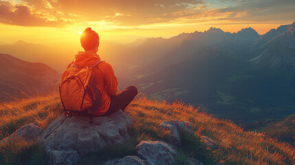 Obraz premium A person sits on a rock, overlooking stunning mountain views as the sun rises, creating a breathtaking view in the early morning