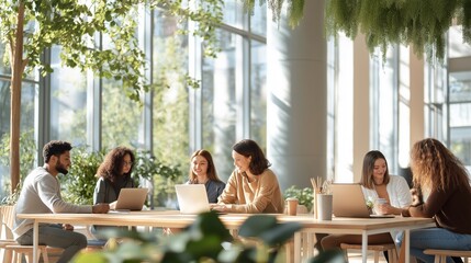 A group of diverse coworkers collaborate on a project in a modern office setting.