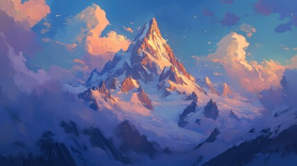 A majestic snow-capped mountain peak rises above a sea of clouds, illuminated by the golden glow of the setting sun.