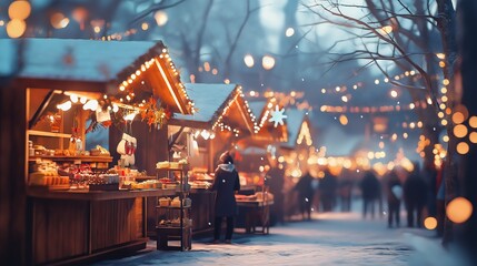 A woman shops at a festive market, surrounded by wooden stalls decorated with lights and snow.