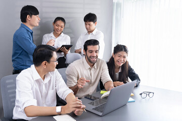 Group of diverse office worker employee working together on strategic business marketing planning in corporate office room. Positive teamwork in business workplace concept. Prudent