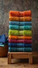 Neatly stacked vibrant towels on a wooden table, emphasizing comfort.