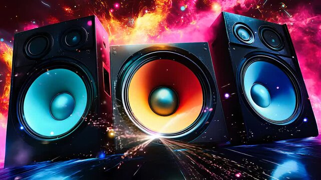 Vibrant speakers with colorful sound waves, futuristic audio technology, high-quality sound, and digital music experience