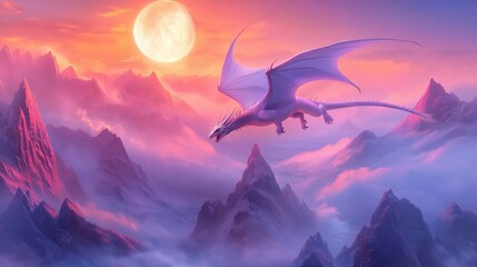 Fototapeta premium A white dragon soars through the clouds, a full moon shining brightly in the sky.